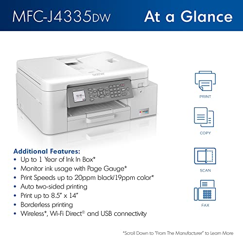 Brother MFC-J4335DW INKvestment Tank Wireless All-in-One Color Inkjet Printer, Up to 1-Year of Ink in-Box, Duplex Printing, Mobile and Cloud Print