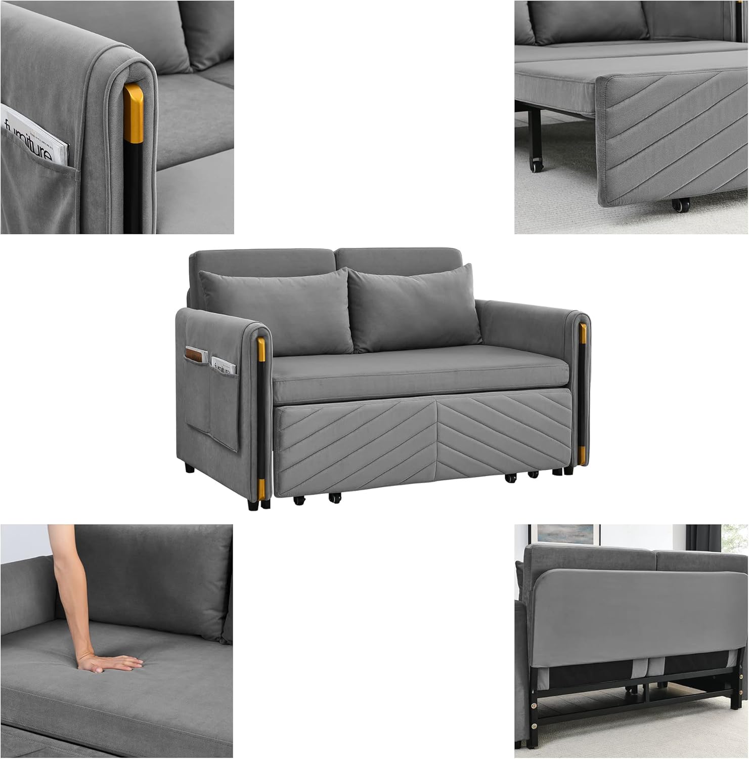 54" Velvet Loveseat, Modern Convertible Sofa Detachable Arm Pockets