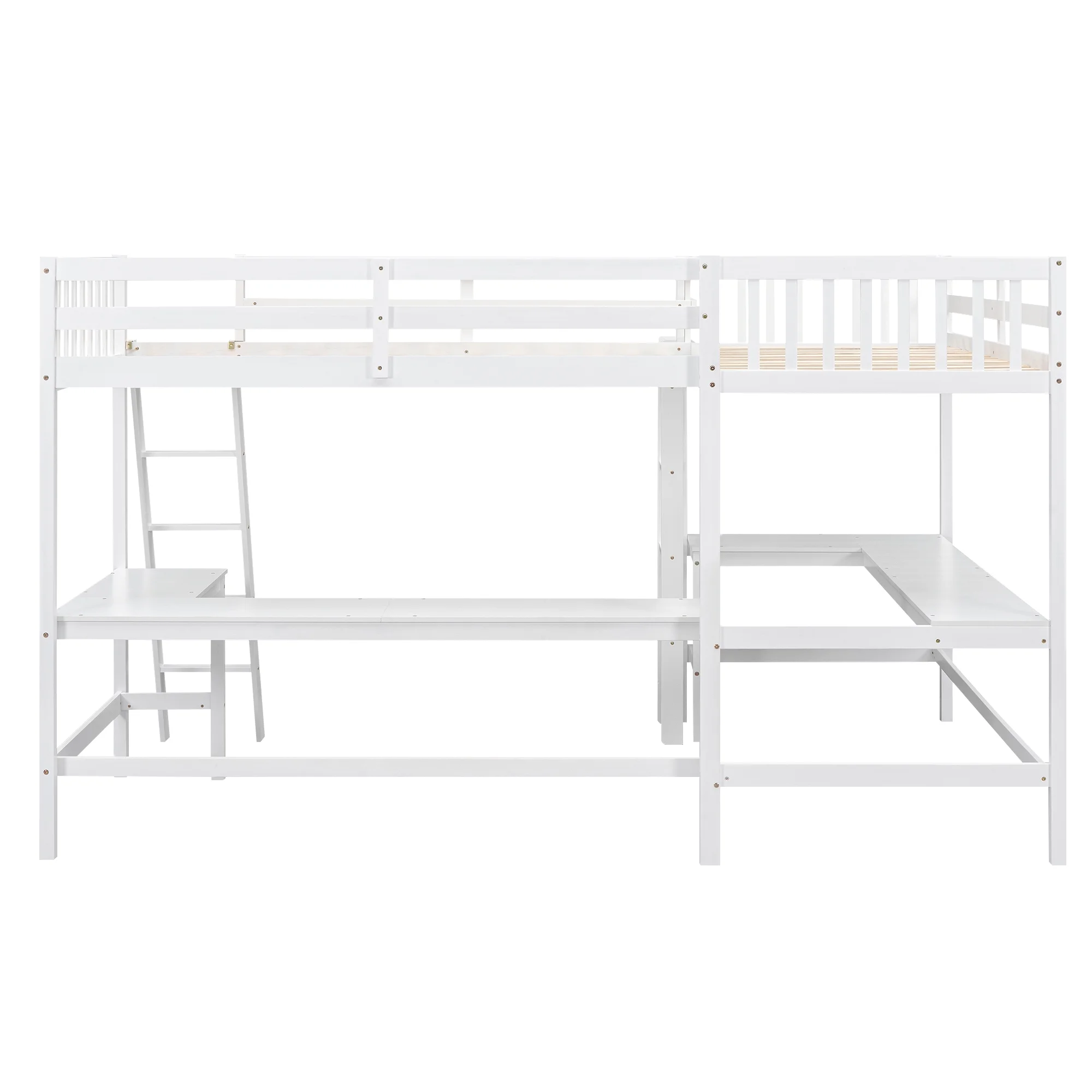 Euroco Twin Size L-Shaped Wood Loft Bed with Built-in Desks, 2-in-1 Loft Bed for Kids Teens Adults, White