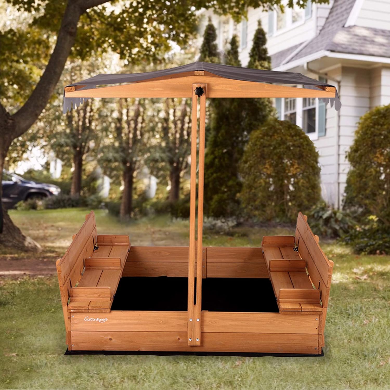 Kids Large Wooden Sandbox, Outdoor Sand Box Play w/ Canopy, 2 Foldable Bench Seats, Retractable Roof and Sand Protection - 47x47-Inch
