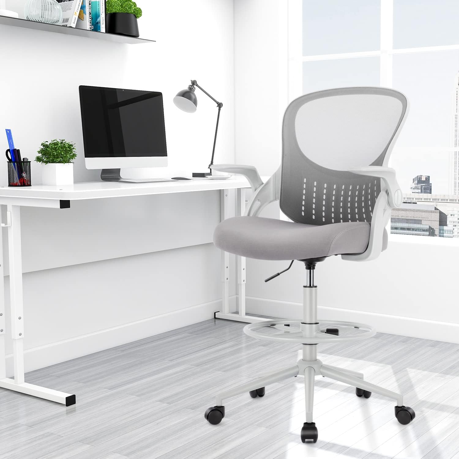 edx Drafting Chair Tall Office Chair, Tall Standing Desk Chair Counter Height Tall Adjustable Office Chair with Flip-up Arms/Wheels