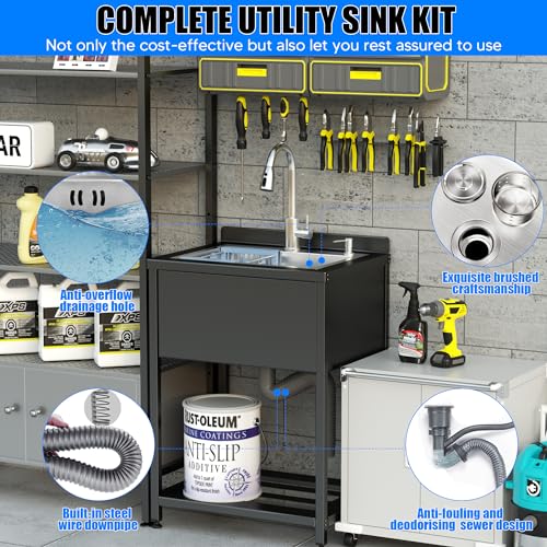Stainless Steel Utility Sink, 36.6" × 24.2" × 36.6"Freestanding Sink with Cold and Hot Water Faucet,Hoses and Drain Kit for Kitchens, Bathrooms