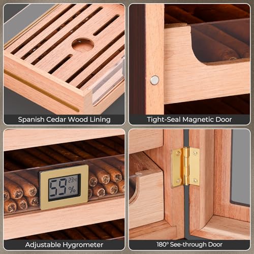 Cigar Humidor Cabinet with Automatic LED Light, Extra Large Size for 250 Cigars, Spanish Cedar Lining, Tight-Seal Magnetic Door