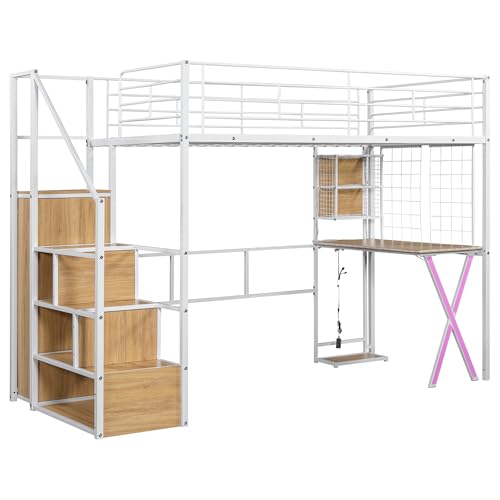 Modern Full Size Gaming Loft Bed with Built-in Desk and Storage Wardrobe, Wood Loft Bed Frame with Light Strip and 2 Drawers