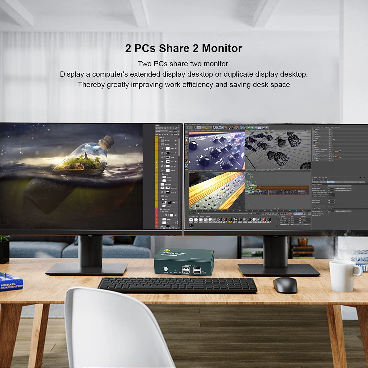 KVM Switch DP Displayport Dual Monitor Extended Display 2 Port, 4 USB 2.0 Hub, UHD 4K@60Hz YUV4:4:4 Downward Compatible,with All Needed Cables