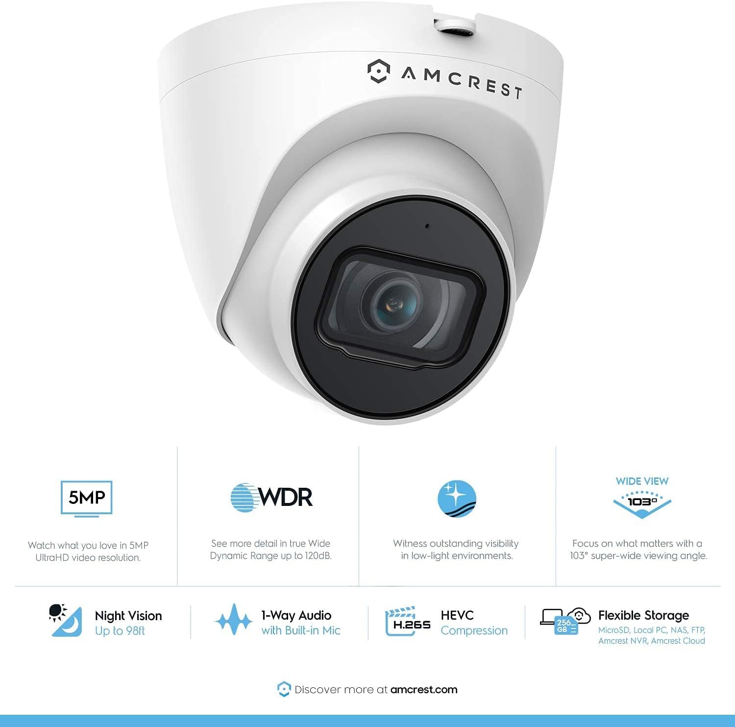 Amcrest 5MP Turret POE Camera, UltraHD Outdoor IP Camera POE with Mic/Audio, 5-Megapixel Security Surveillance Cameras, 98ft NightVision