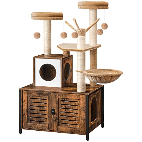 HOOBRO Cat Tree with Litter Box Enclosure, 27.6" L x 18.9" W x 52" H, All-in-One Wooden Cat Tower, Cat Furniture for Indoor Cats