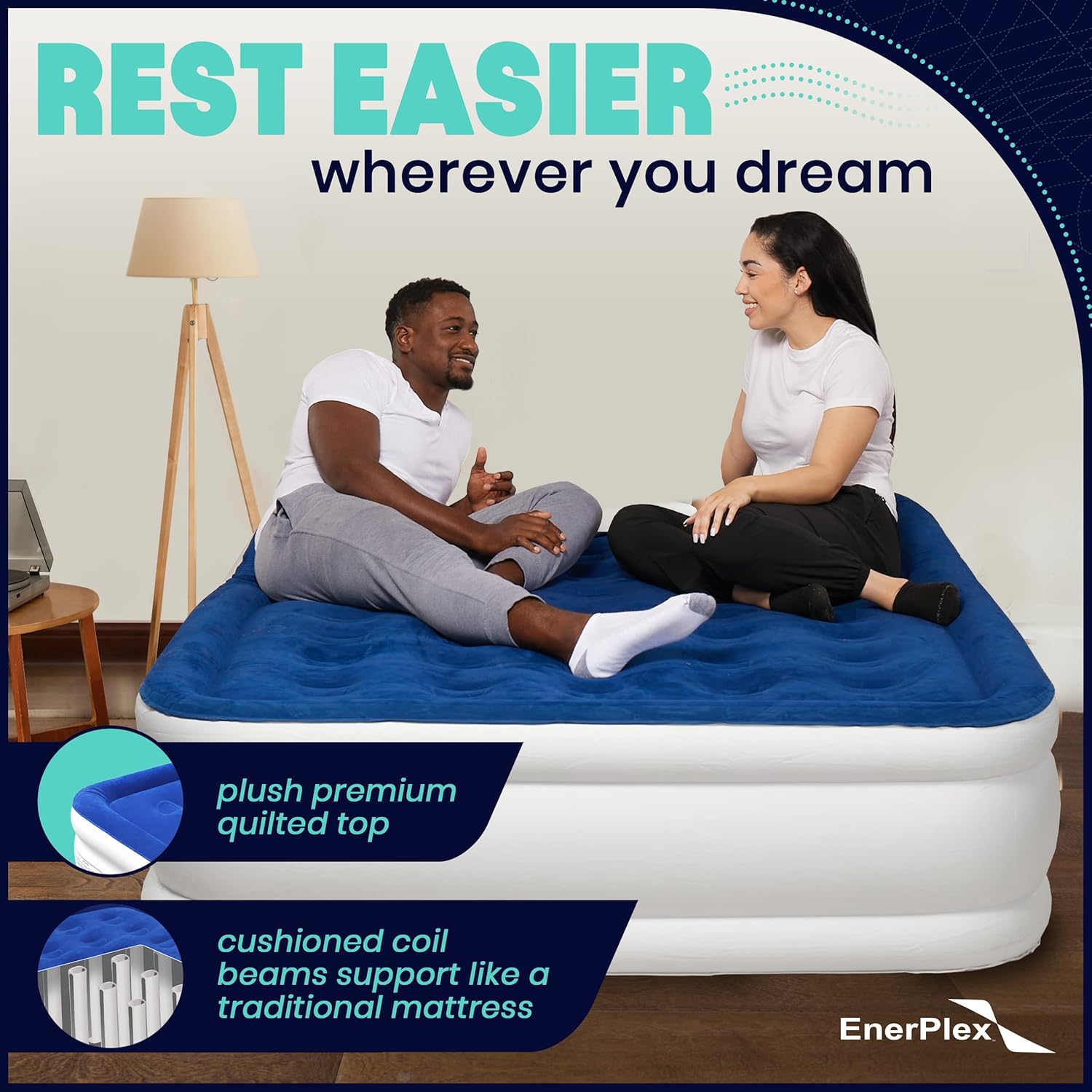 EnerPlex Queen Air Mattress for Camping, Home & Travel - 13 Inch Double Height Inflatable Bed with Built-in Dual Pump - Durable