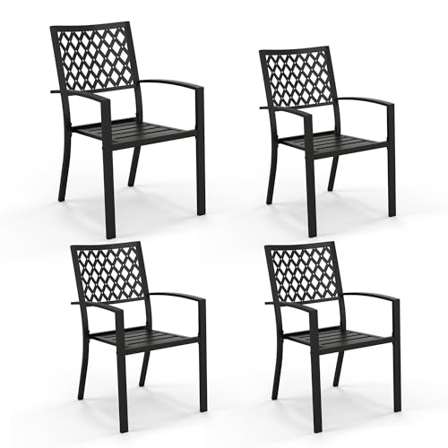 PHI VILLA Stackable Wrought Iron Patio Dining Chairs - Set of 2 Black Outdoor Chair Bistro Metal Chairs, Support 300 LBS