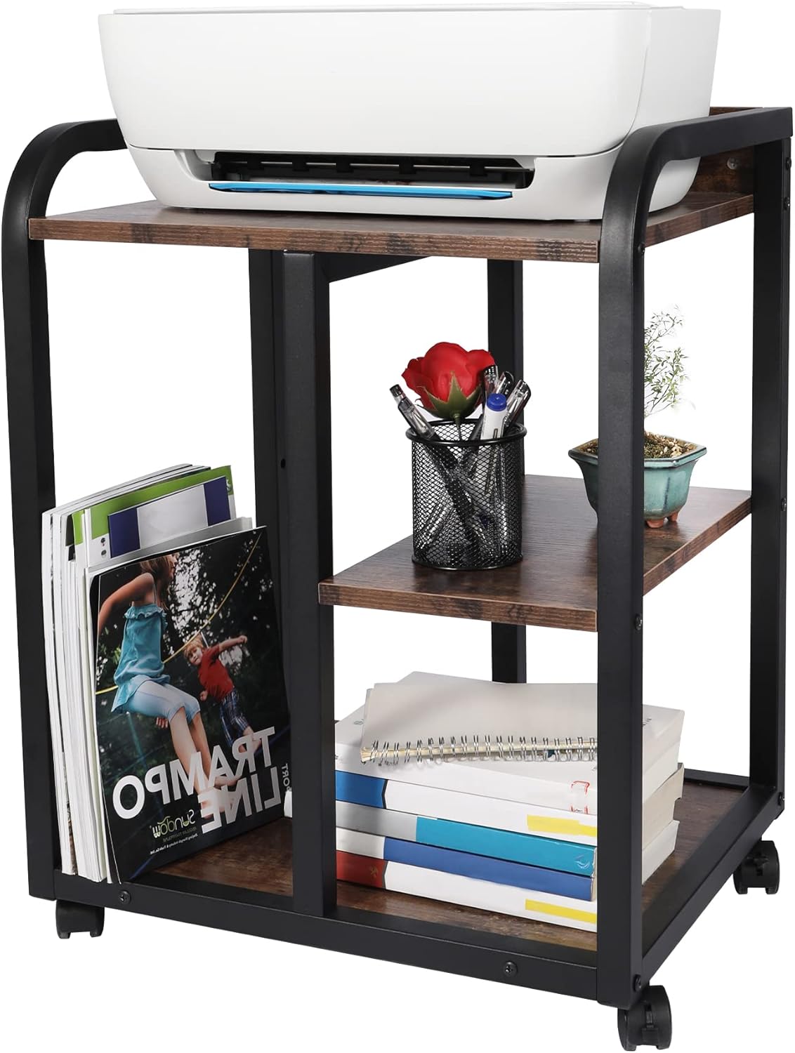 ALAPUR Printer Stand with Storage, 3 Tier Printer Cart Rolling Printer Stand Under Desk with Wheels, Wood Printer Table for Home Office, Rustic Brown