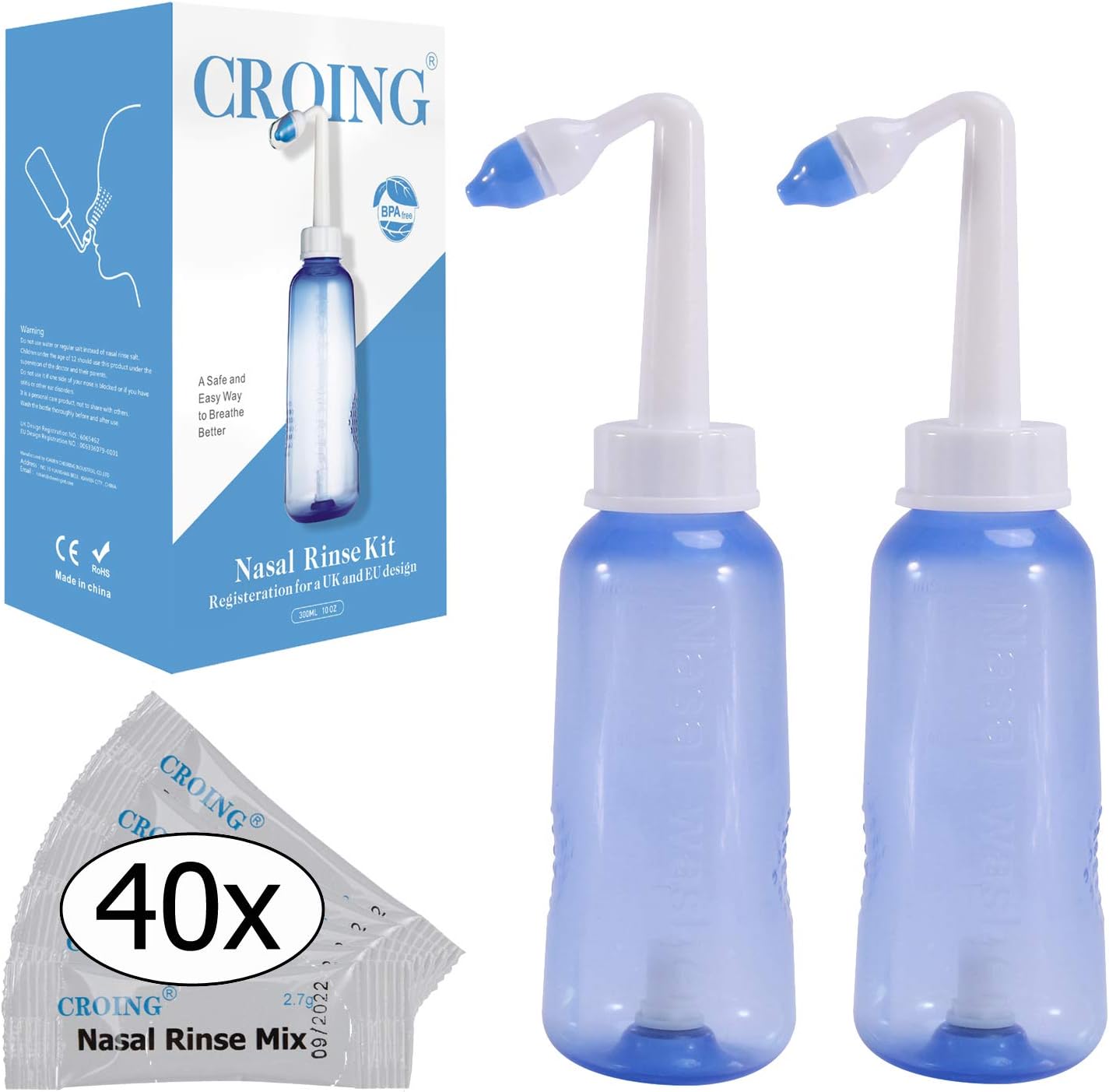 Croing 2 Neti Pots with 40 Salt Packs for Nasal Irrigation, BPA Free, Nasal Rinse Bottle for Relieves Nasal Congestion and Irritation