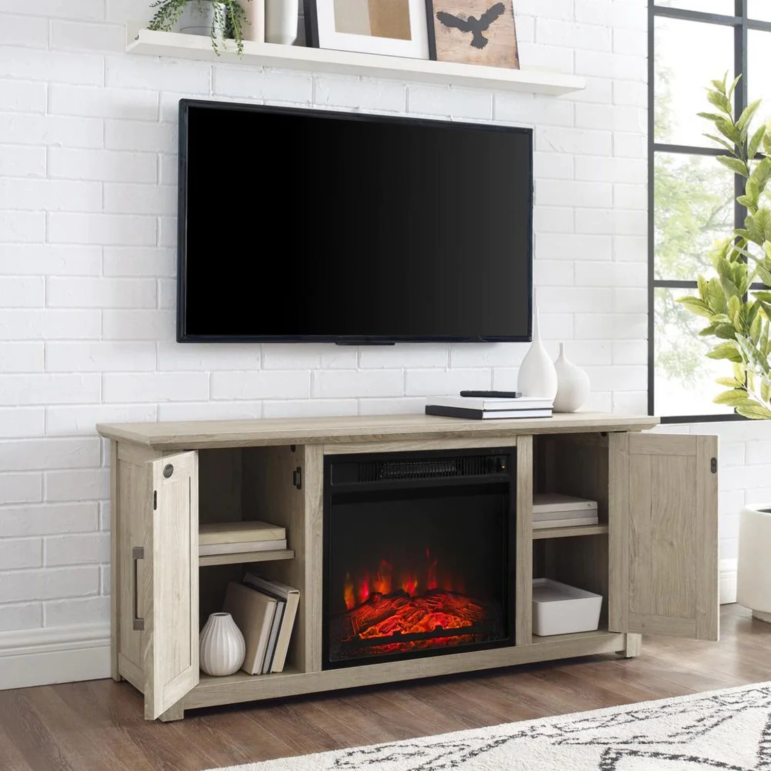 Crosley Camden 48" Rustic Low Profile TV Stand with Fireplace in Frosted Oak - Curated Treasures Market