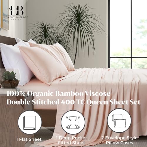 Luxury Bamboo Market | Queen Size Bed Sheet Set | 100% Viscose Made from Bamboo | Organically Grown | Ultra Soft | Cooling Sheets for Hot Sleepers |