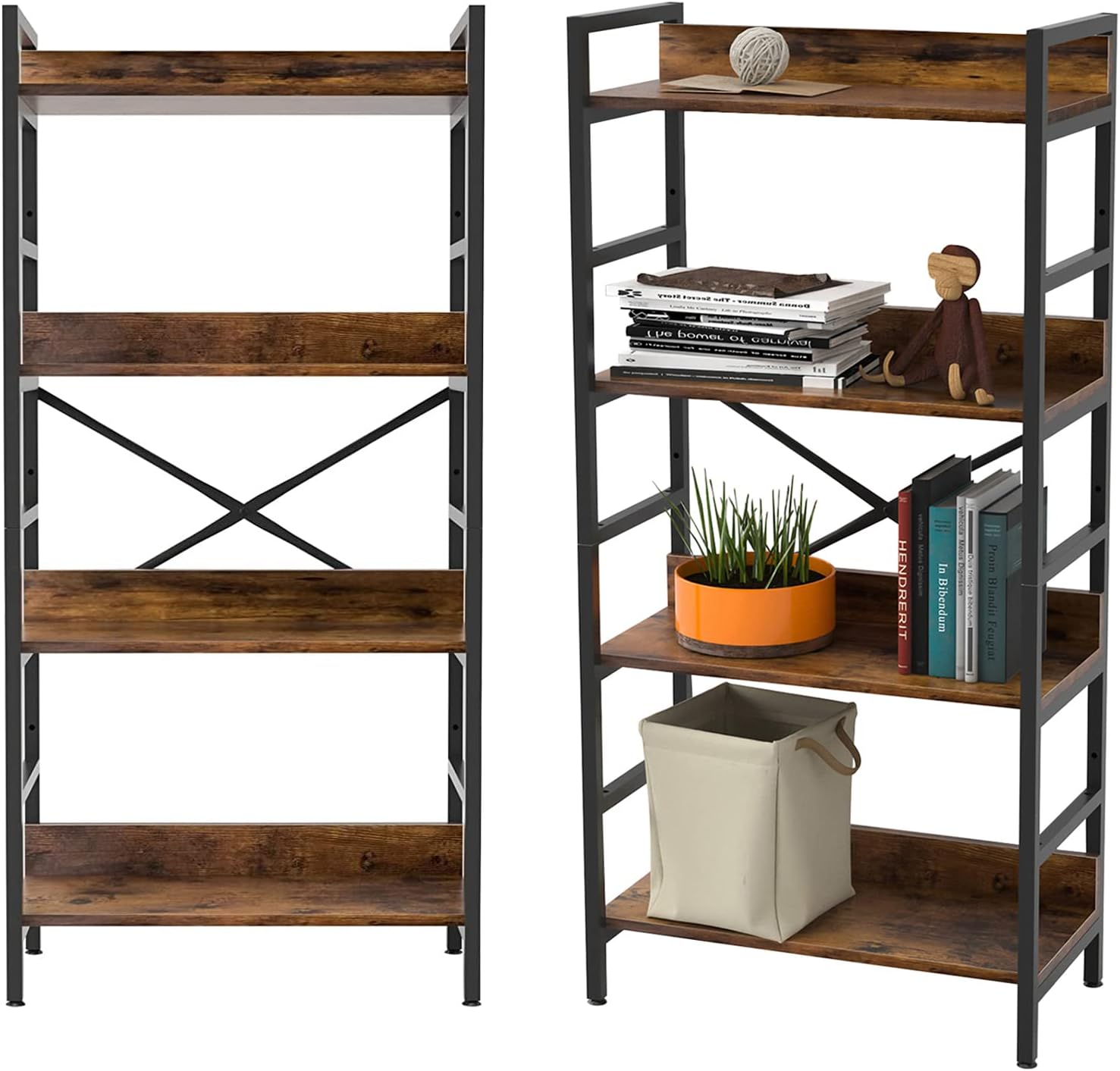 SUAYLLA Industrial Bookshelf,4 Tier Tall Bookcase,Storage Rack Shelves with Adjustable Shelf,Metal Frame Bookshelves for Living Room Office