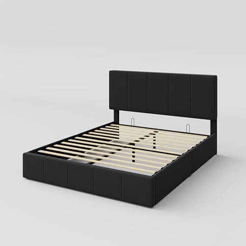 Allewie Queen Size Velvet Lift Up Storage Bed Frame, Vertical Channel Tufted Headboard, Hydrualic Underneath Storage, Upholstered Platform Bed