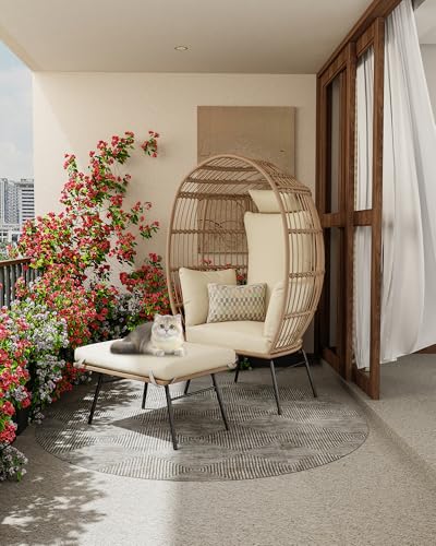 Oversize Wicker Egg Chair with Ottoman, Egg Basket Lounge Chair with Thick Cushion, Comfy Egg Rattan Seat for Indoor Outdoor Patio Porch Backyard