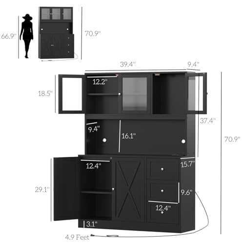 Irontar 70.9'' Kitchen Pantry Cabinet, Kitchen Hutch with Microwave Stand & Charging Station, Farmhouse Tall Storage Cabinet with Countertop