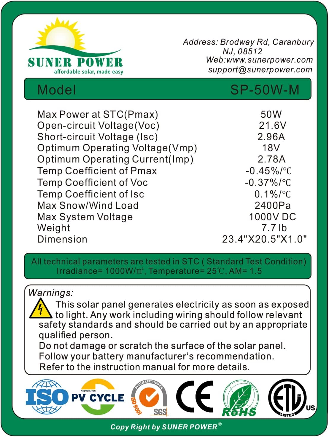 SUNER POWER 50 Watts Mono Crystalline 12V Solar Panel Kits