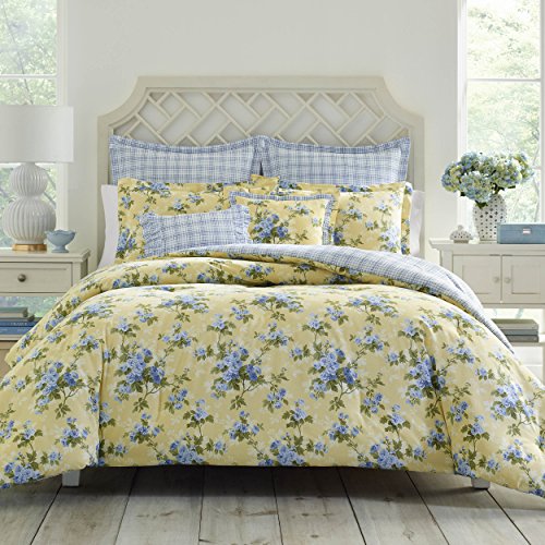 Laura Ashley Cassidy Yellow Comforter Set, King, Includes Bonus Euro Shams & Throw Pillows Lorelei Dark Blue King Sheets
