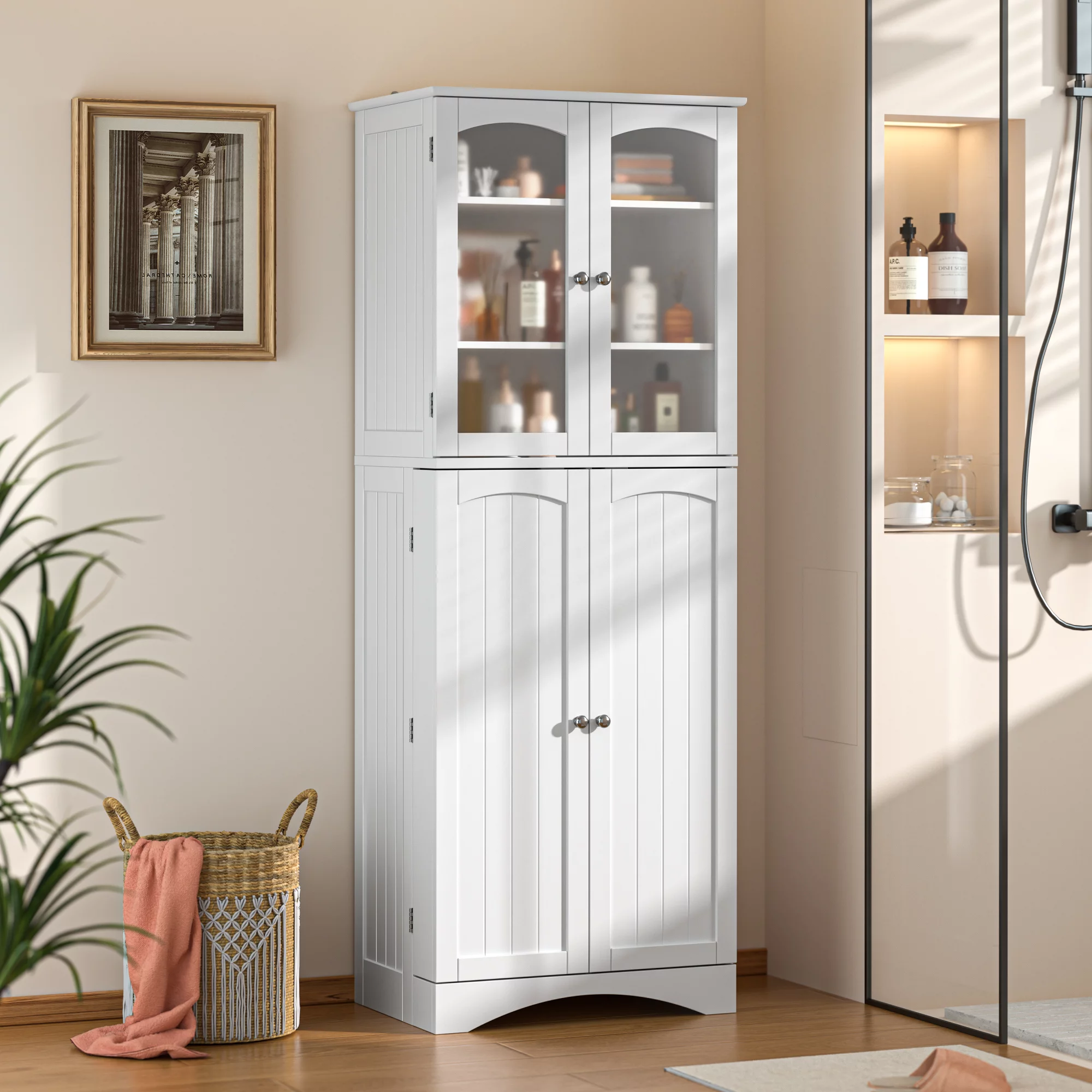 Aiho 64" H Tall Kitchen Pantry Storage Cabinet with Glass Door, White