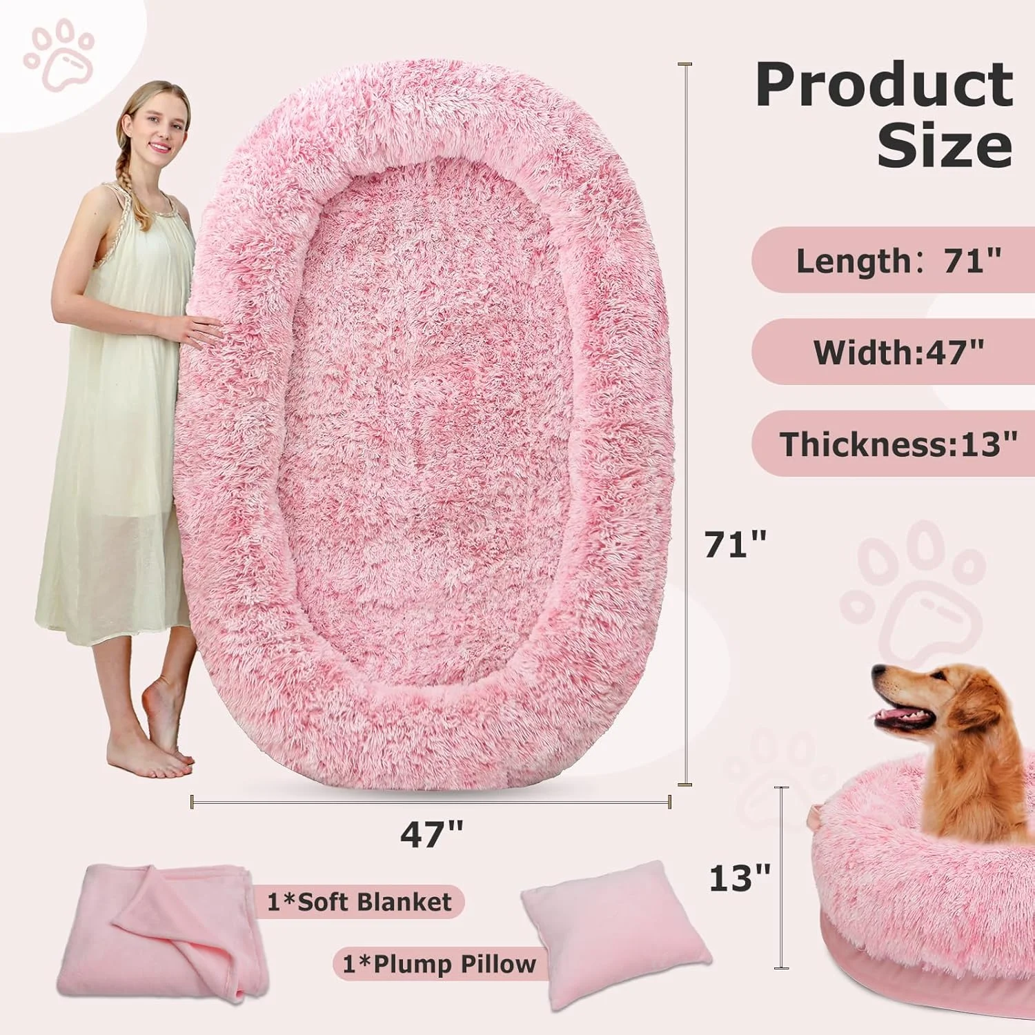 SWITTE Human Dog Bed for Adult, 71"x47"x13" Washable Large Human Size Dog Bed with Blanket for People Doze Off