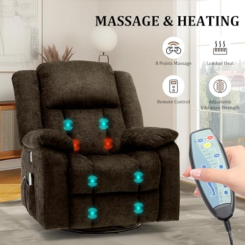 Rocker Recliner Chair, Glider Recliner Chairs for Adults, 360° Swivel Recliner with Massage and Heating