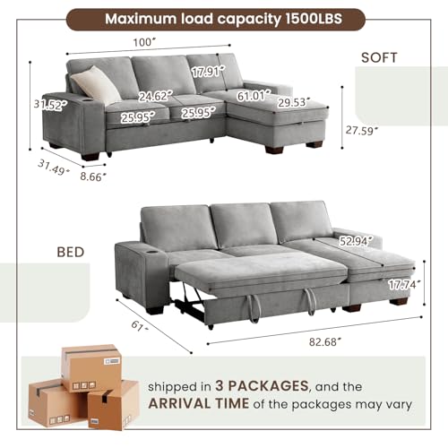 ASHOMELI 99" Convertible Sleeper Sofa Bed,L Shaped with Storage Chaise Pull Out Couch for Living Room,USB and Type-C