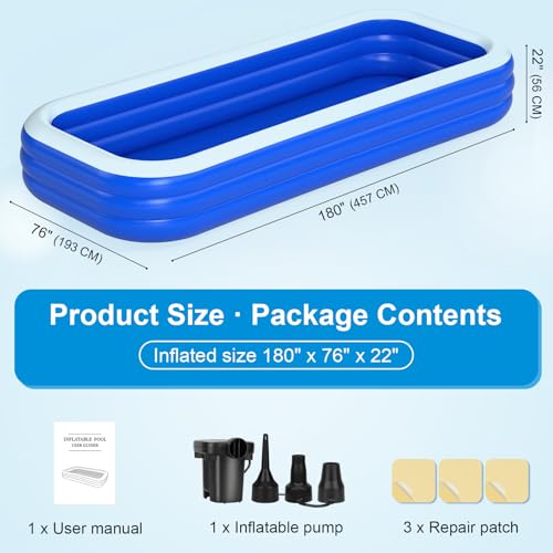 Extra Large Inflatable Pool for Family, 180'' x 76'' x 22'' Full-Sized Blow Up Pool for Adults