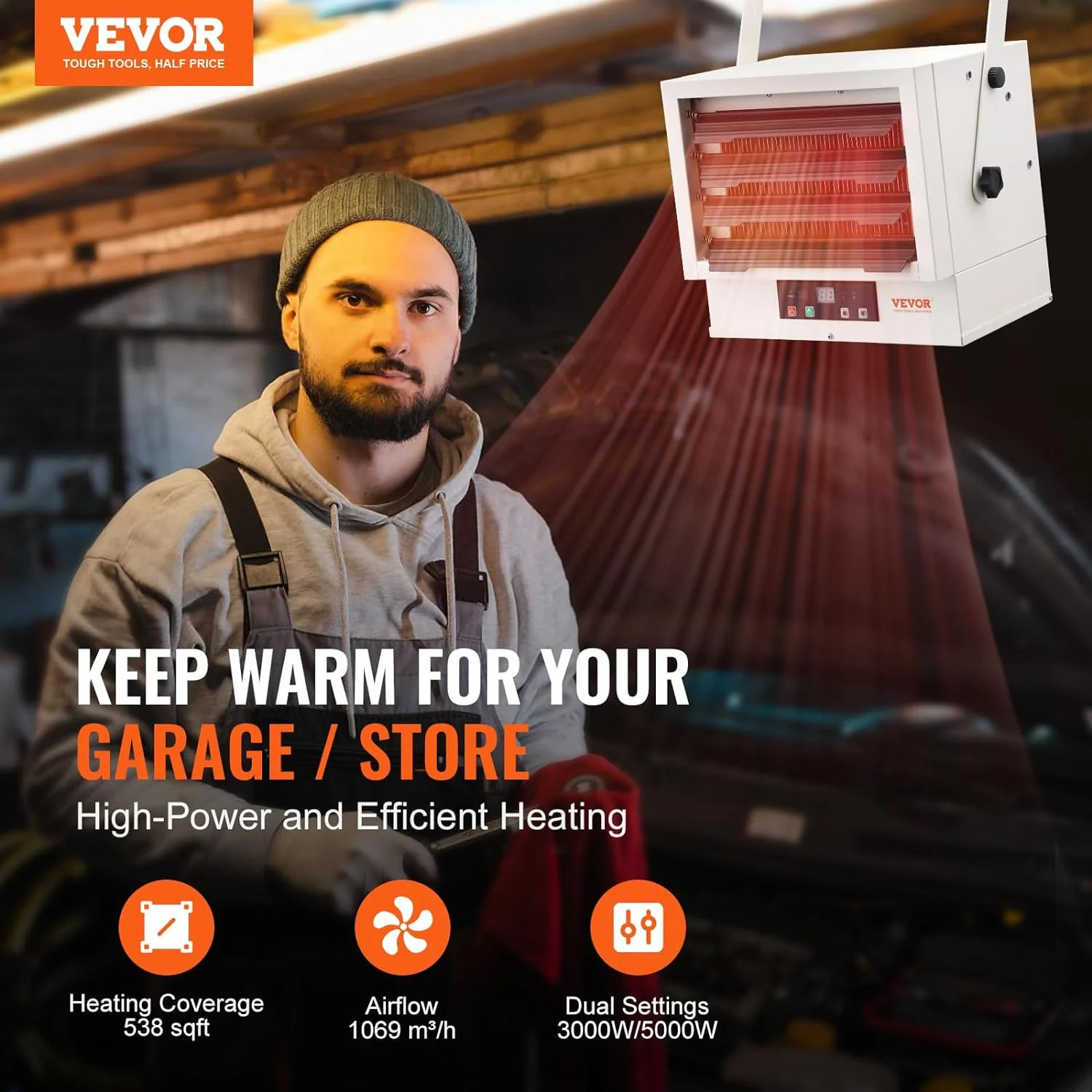 WAGEE Electric Garage Heater, 5000-Watt Digital Fan-Forced Wall/Ceiling Mount Shop Heater, with Remote Control Overheat Protection