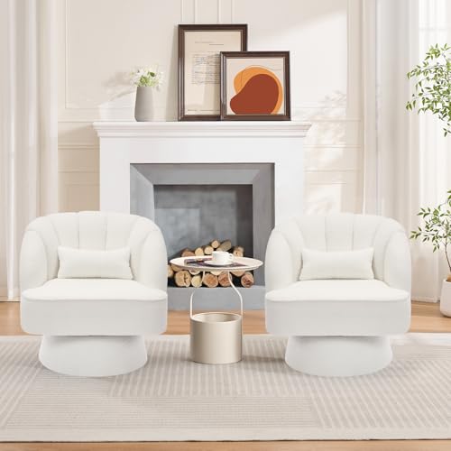 GarveeHome Modern Swivel Barrel Accent Chair, 360° Teddy Fabric Upholstered Armchair with Striped Backrest & Plush Padding