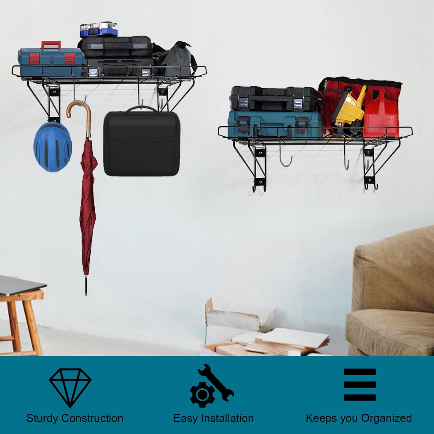 Garage Wall Shelving,2-Pack 1.5x3 ft,Includes 6 Bike Hooks,Garage Wall-Mounted Shelving,Garage Wall Shelving Heavy Duty