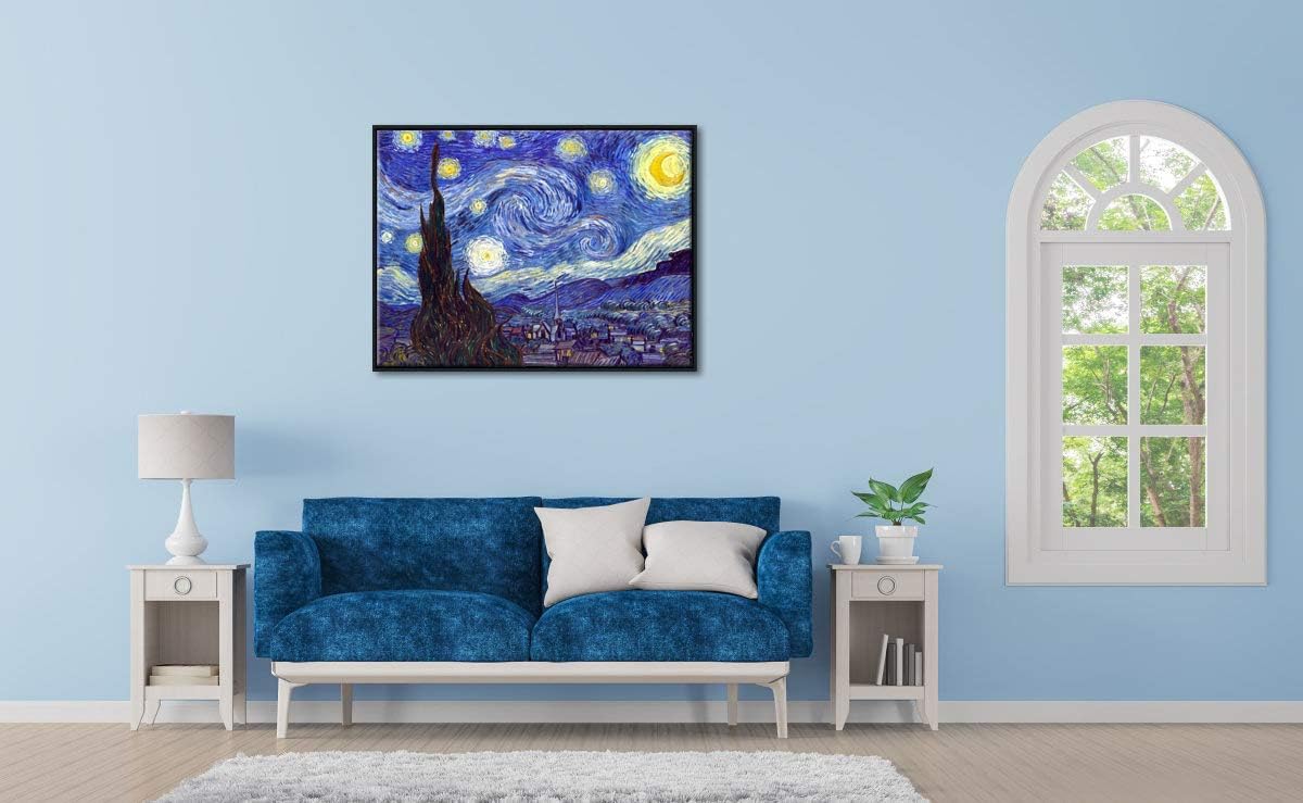 Wieco Art Framed Art Canvas Prints of Starry Night by Vincent Van Gogh Paintings Reproduction Post-Impressionism Artwork Framed Wall Art for Living