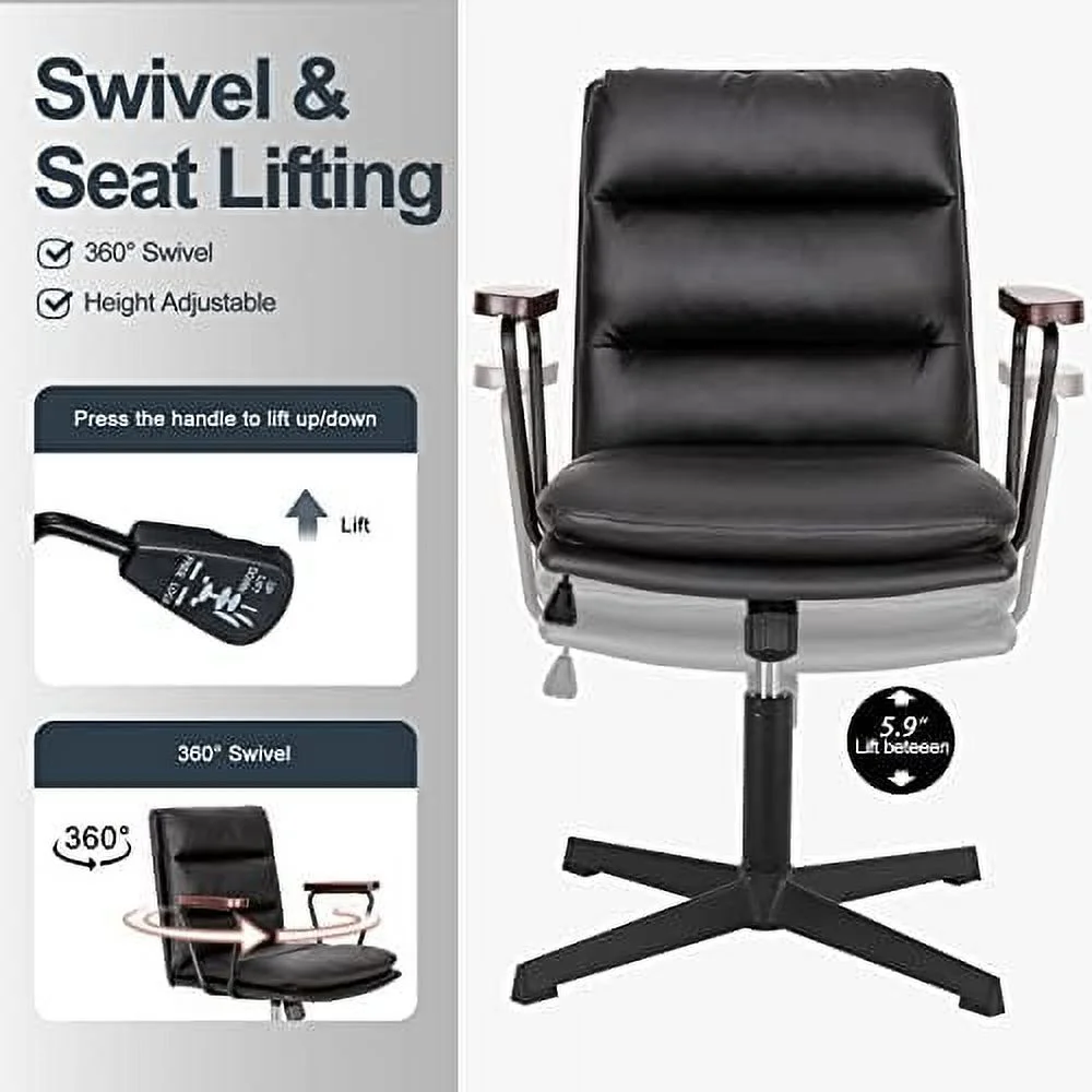 KHBIULIFE Office Desk Chair No Wheels  PU Leather Padded Criss Cross Chair with Wooden Armrests  Ergonomic Mid Back Adjustable Computer Chair  Cute