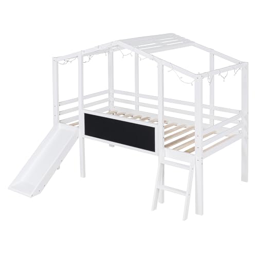 Harper & Bright Designs Kids Twin Low Loft Bed with Slide and Storage Shelves, Wood Playhouse Loft Bed Frame with a Tent & Stairs