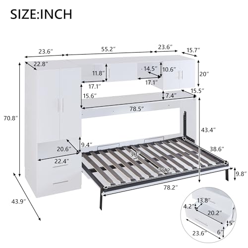 Queen Size Murphy Bed Wall Beds with Storage Shelves,Hide Away Bed Frame Easily Folds into Wood Cabinet,W/Mattress Holder,for Small Space,Guest Room