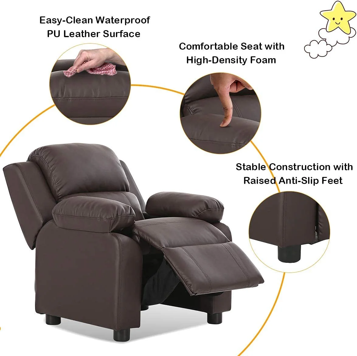 Kids Recliner, Leather Recliner Chair w/Footrest, Armrest Storage, Headrest & Lumbar Support, Ergonomic Lounge Chair for Living & Gaming Room