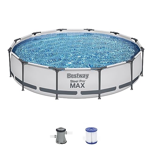 Bestway Steel Pro MAX 12 Foot by 30 Inch Round Above Ground Swimming Pool Set Outdoor Metal Frame Family Pool with Filter Pump, Gray
