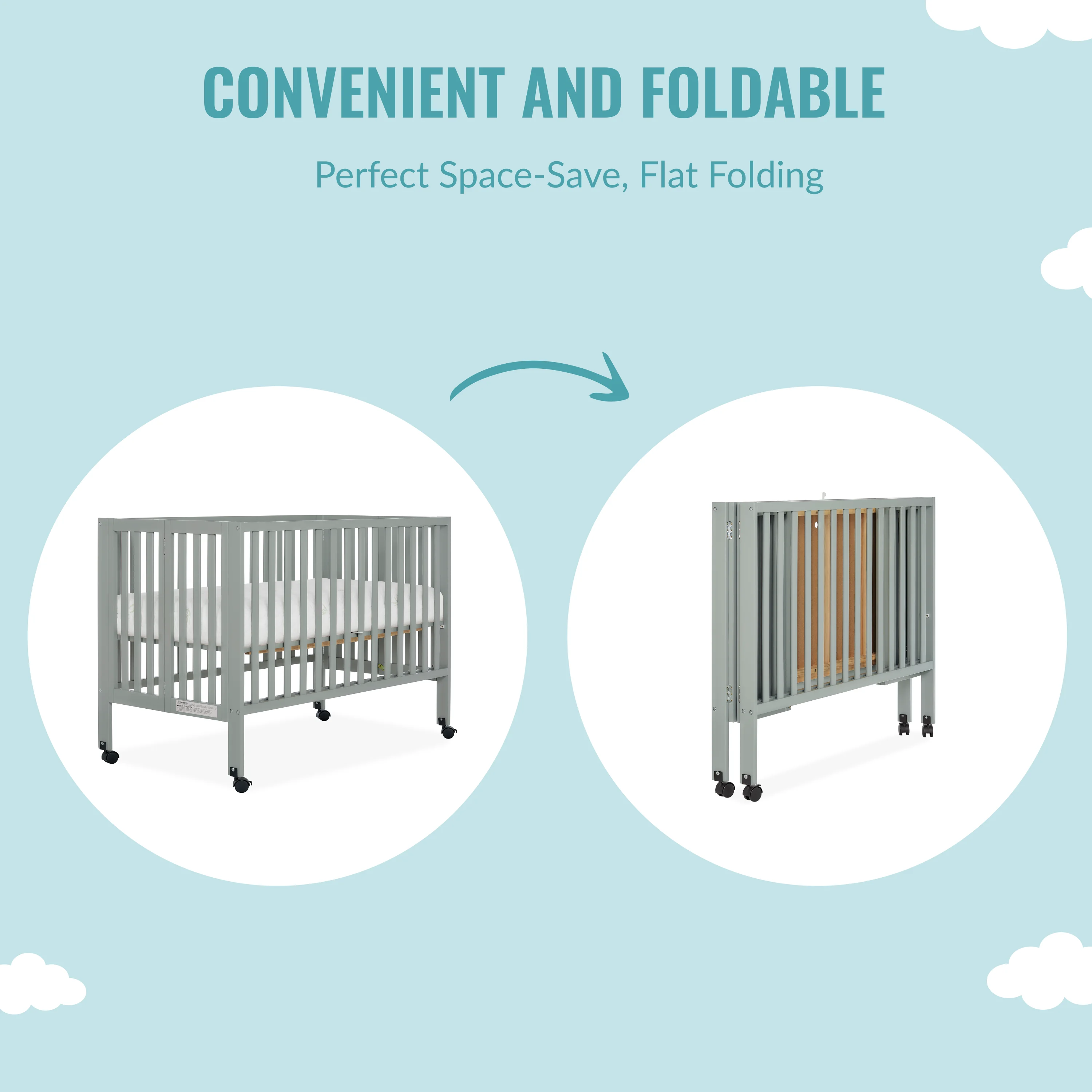 Dream On Me Quinn Full-Size Folding Crib in Cool Grey, Removeable Wheels, Modern Nursey, Adjustable Mattress Support, Portable Crib