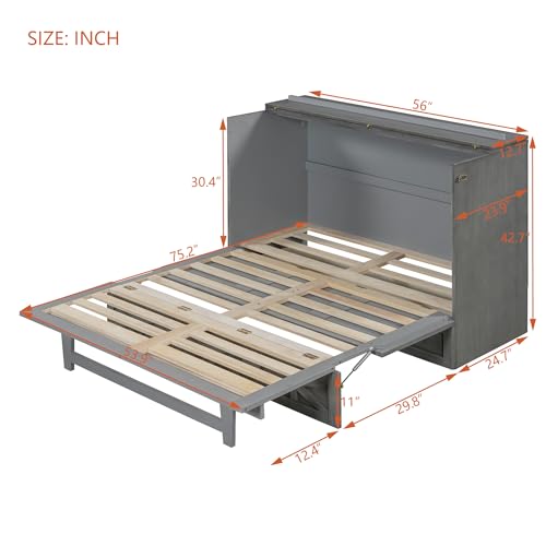 Merax Full Size Murphy Bed, Wooden Full Murphy Cabinet Bed Frame with Large Drawers and USB Ports, Brushed White