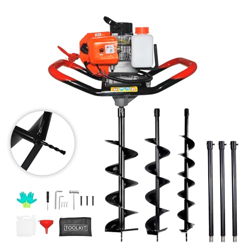 85cc 4HP Post Hole Digger Gas Powered, Gas Earth Auger/Ice Auger, with 3 Drill Bits 4"/8"/12" + 2 Extension Bar