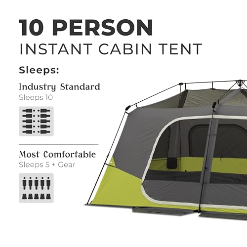 CORE Instant Cabin Tents | 6 Person / 9 Person / 10 Person / 12 Person Family Cabin Multi Room Pop Up Tents Car Camping | Included Storage Pockets