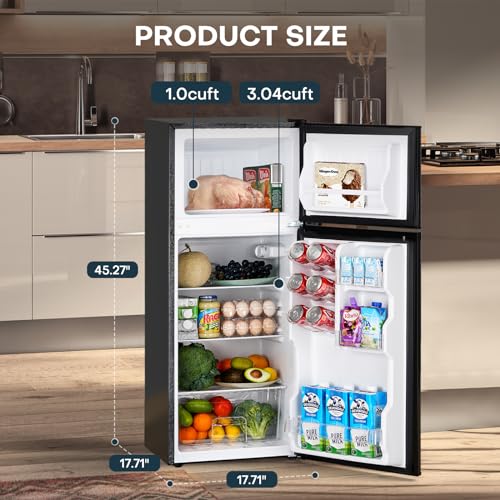 Upstreman 4.0 Cu.Ft. Small Refrigerator with Freezer, Dorm Essentials, Double Door Mini Fridge for Office, Dorm, Bedroom, Adjustable Thermostat