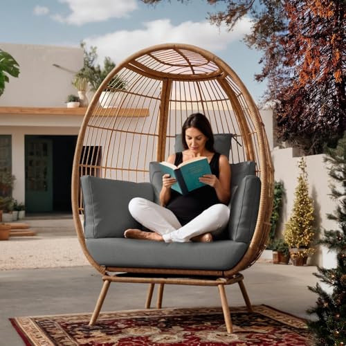 DWVO Rattan Egg Chair with Ottoman, Indoor Outdoor Egg Shape Wicker Chair for Patio, Backyard, Living Room, Basket Chair w/Footrest, 5 Cushions