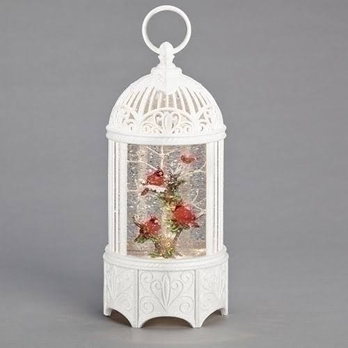 Roman White LED Glitter Swirl Birdcage Lantern with Cardinals