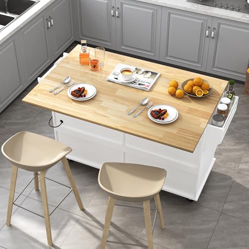 Kitchen Cart with Wood Top and Drop Leaf Breakfast Bar, Rolling Mobile Kitchen Island Table on Wheels with Drawer and Storage Cabinet, Spice Rack