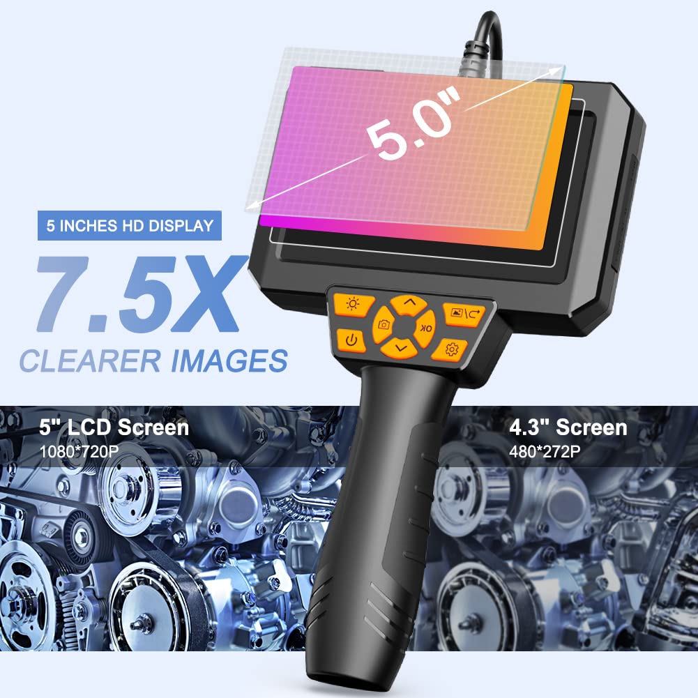 5 Inch Endoscope Camera,Maylatte Dual Lens Borescope with 7 LED Lights,16.5FT Semi-Rigid Cable Inspection Camera with 32GB SD Card