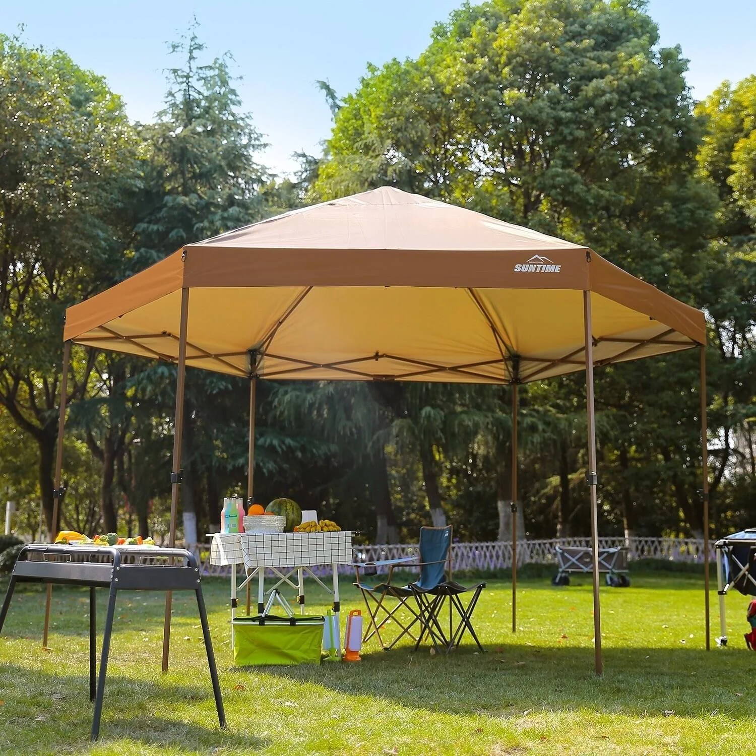 Outdoor Patio Hexagon Gazebo, Pop Up Instant Canopy, Garden Backyard Party Tent with Sidewalls(6.6& x 9.2&), Coffee Brown - Beig