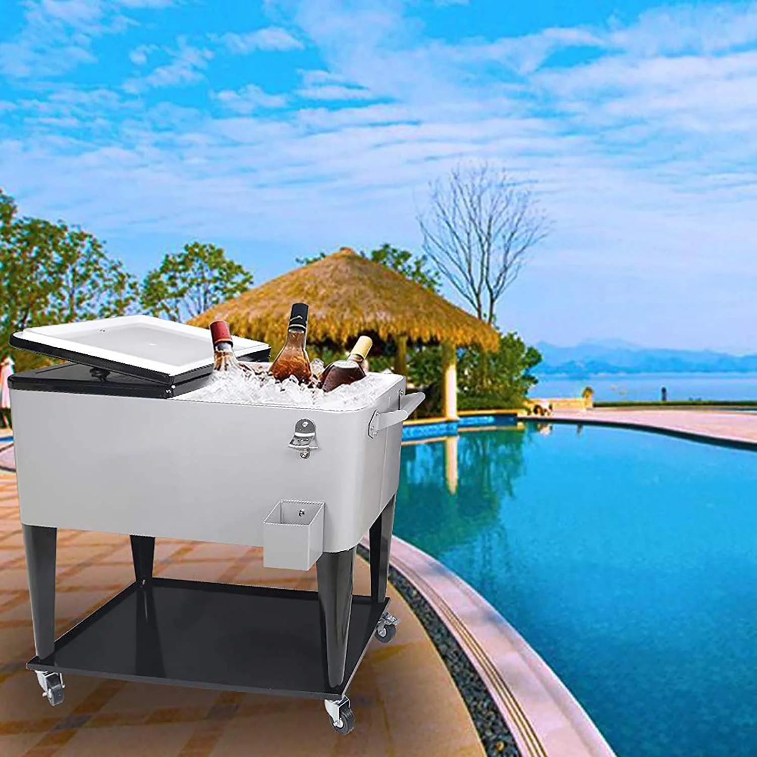 FreeLung 80QT Rolling Cooler Cart with Wheels Ice Chest Outdoor Backyard Coolers on Wheels Silver - Radiant Selections