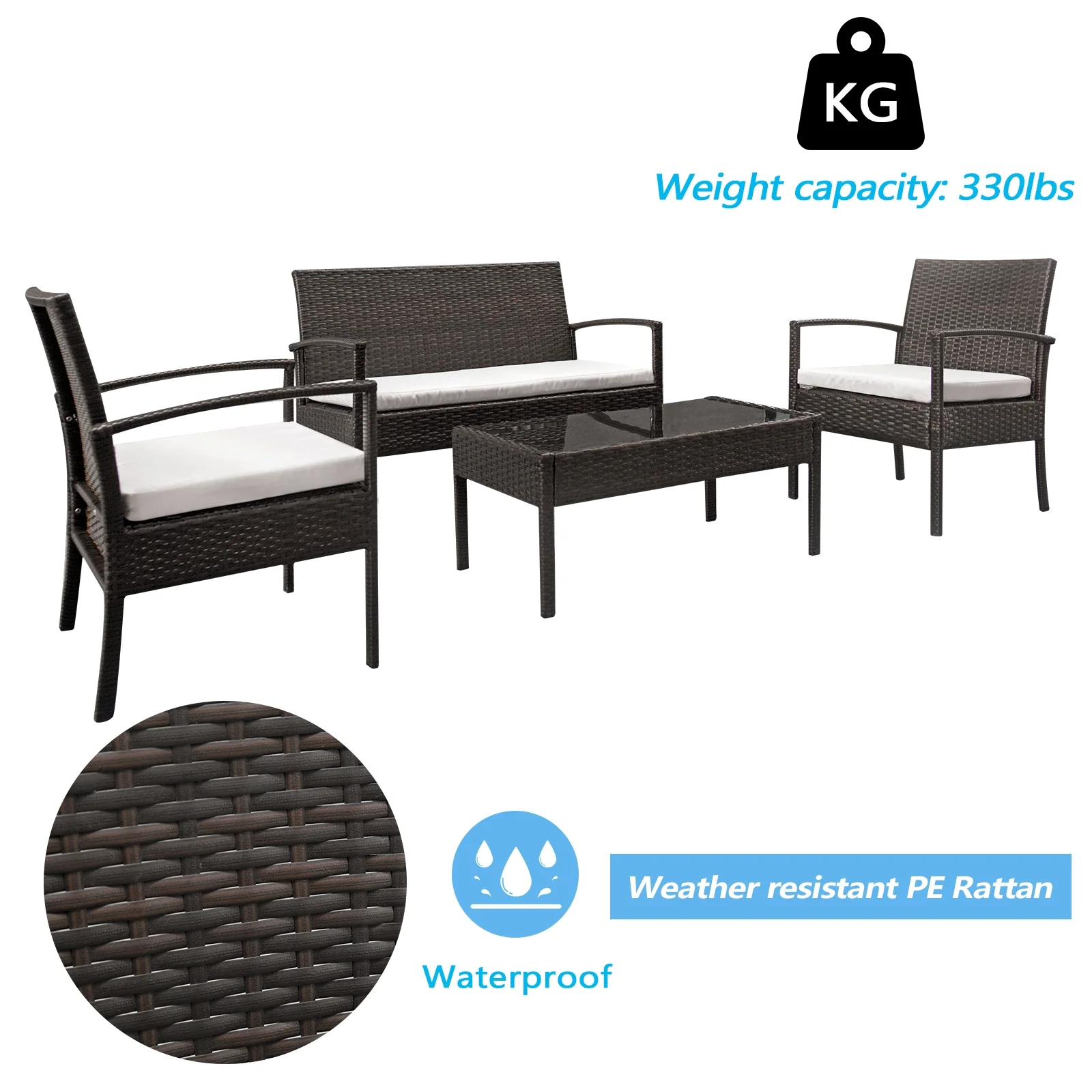 UBesGoo 4-Piece Outdoor Patio Conversation Set, PE Wicker with Cushions, Rattan Furniture Set w/ Coffee Table