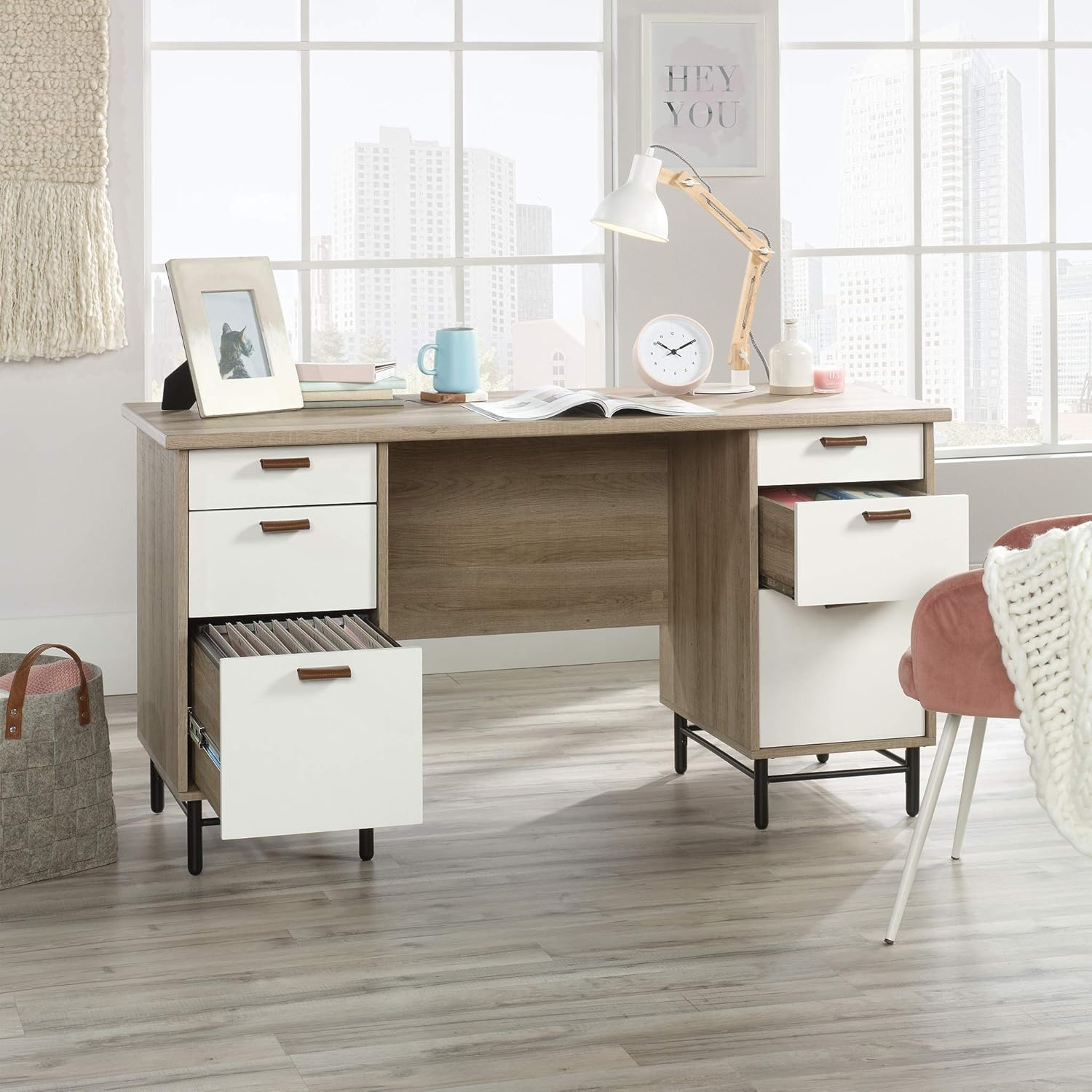 Sauder Anda Norr Executive Desk, L: 56.3" x W: 22.13" x H: 29.53", Sky Oak Finish